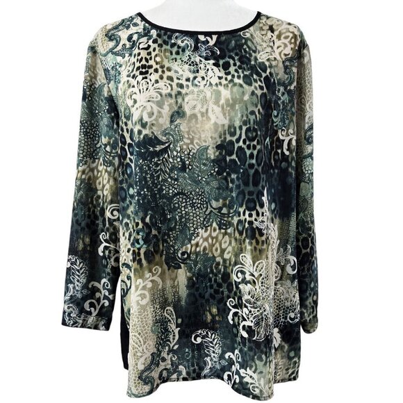 Chico's Green Black Animal Print Paisley Boho Blouse Contrast Back - Picture 1 of 9